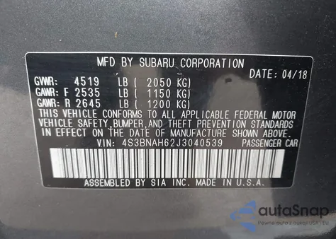 2018 Subaru Legacy 2.5I Premium from USA, damaged, VIN 4S3BNAH62J3040539
